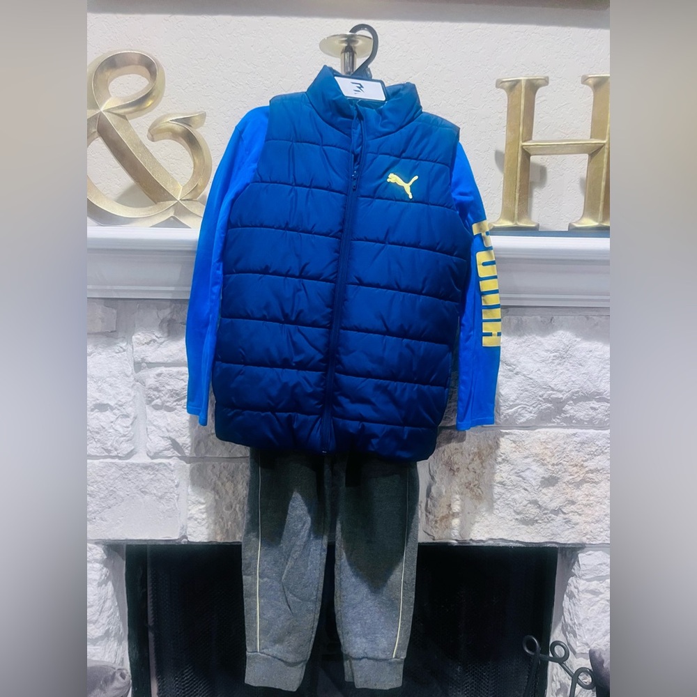 Puma 3 piece set with navy vest, royal shirt and gray jogging pants Size M 10-12
